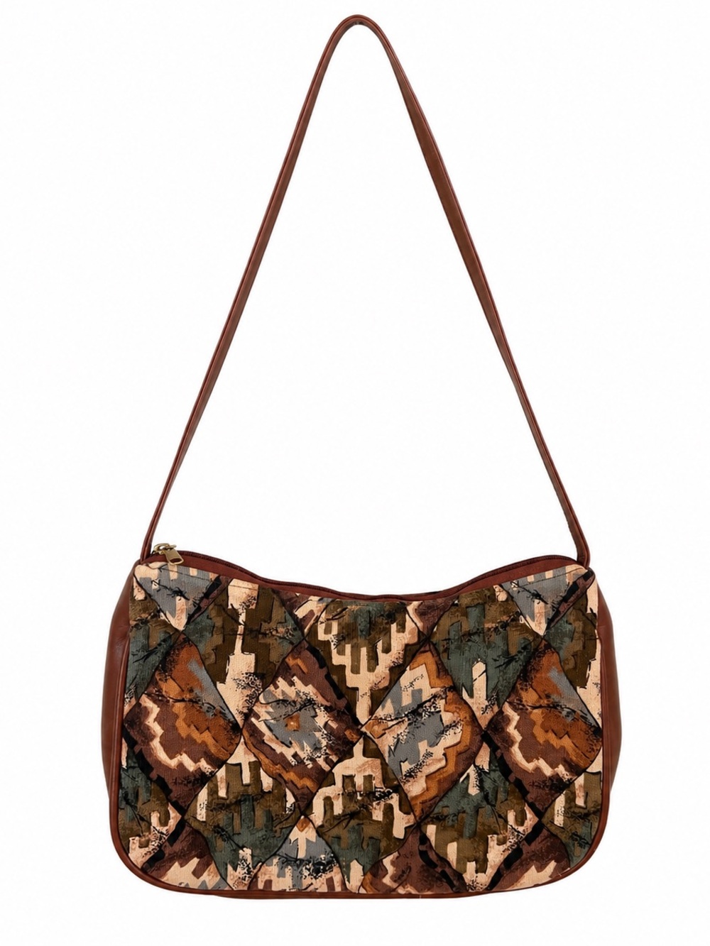 Y2K Brown Abstract Quilted Shoulder Bag Retro Boho Purse